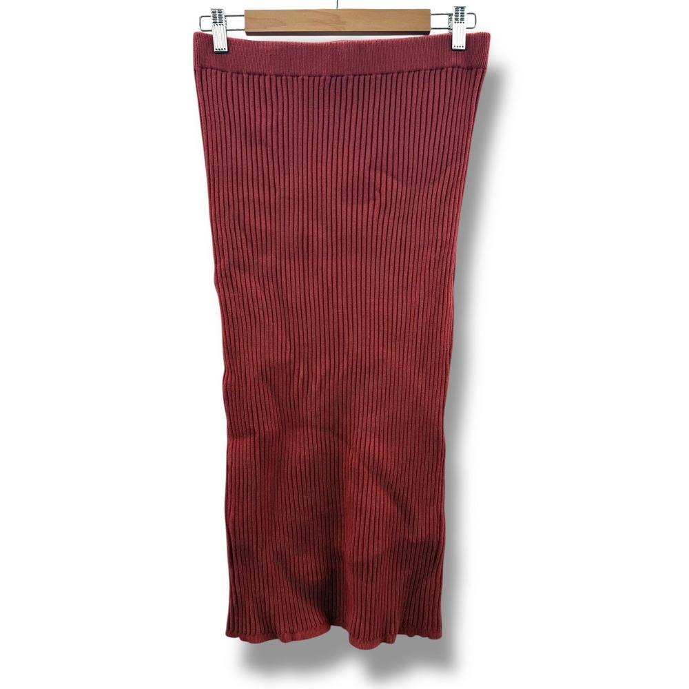Lulus Ribbed Knit Midi Skirt Womens Large Rust Red Back Slit ME3620‎